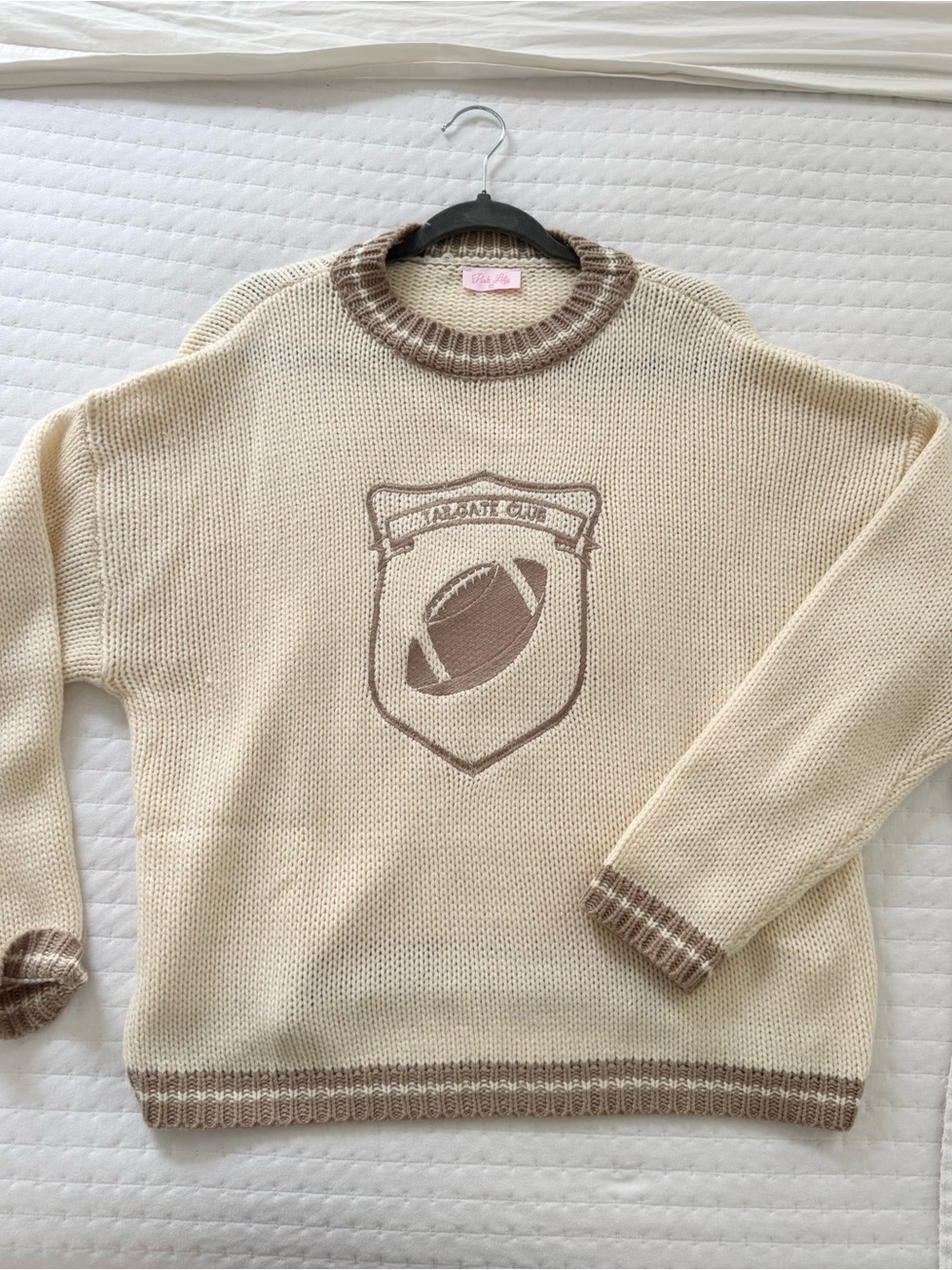 Cream and Brown Football Crest Knit Sweater